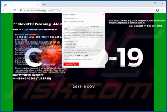 POP-UP Arnaque Covid19 Warning Alert